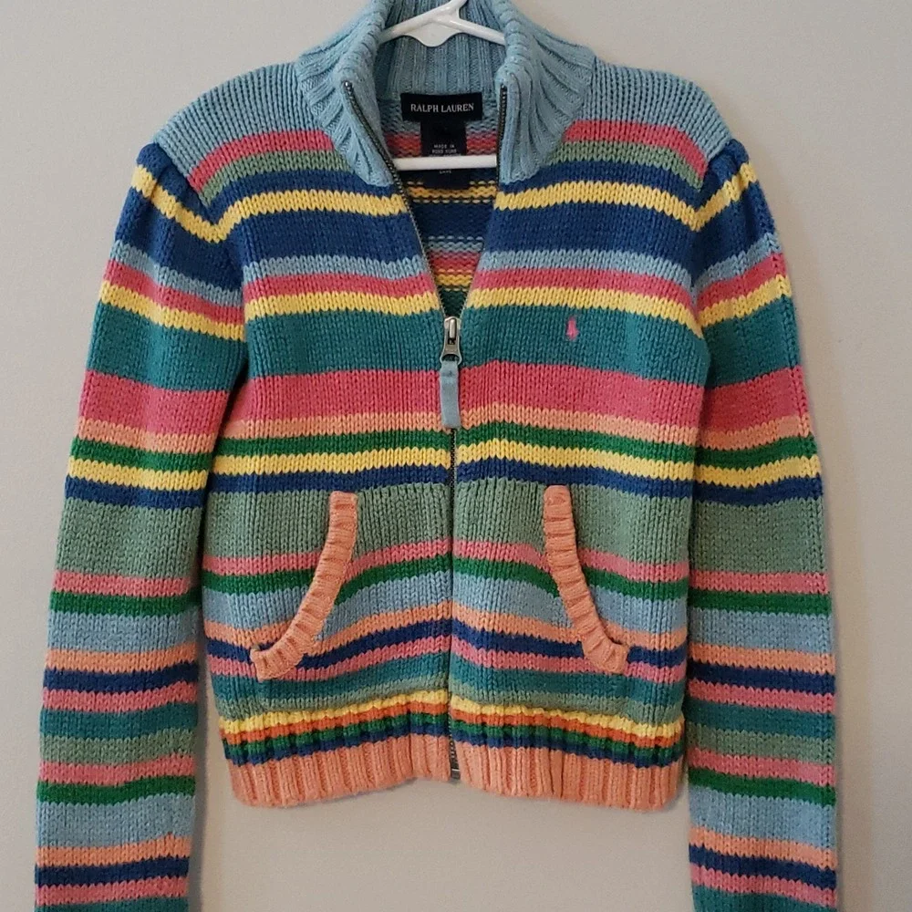 Vintage Ralph Lauren Girls Striped Cardigan Sweater SIZE 6 Zip Pink Pony Preppy